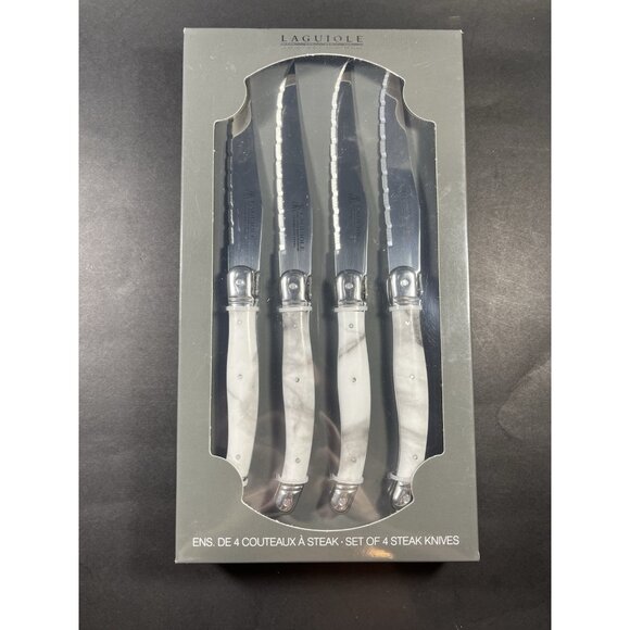 Laguiole Serrated Steak Knives White Marble (Resin) Handle Stainless Set of 4 - Picture 1 of 4